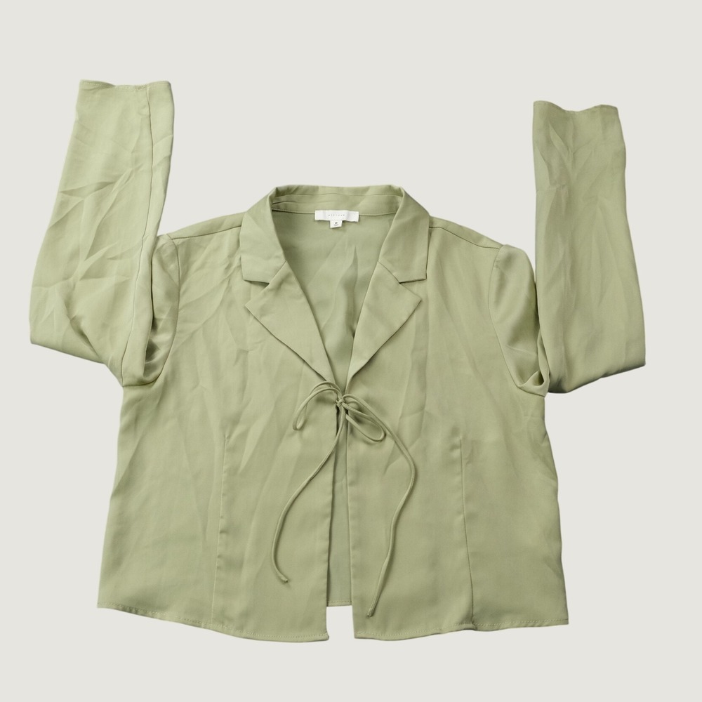 All Row Tie Front Cropped Blouse M Sage Green Satin Lightweight Minimalist